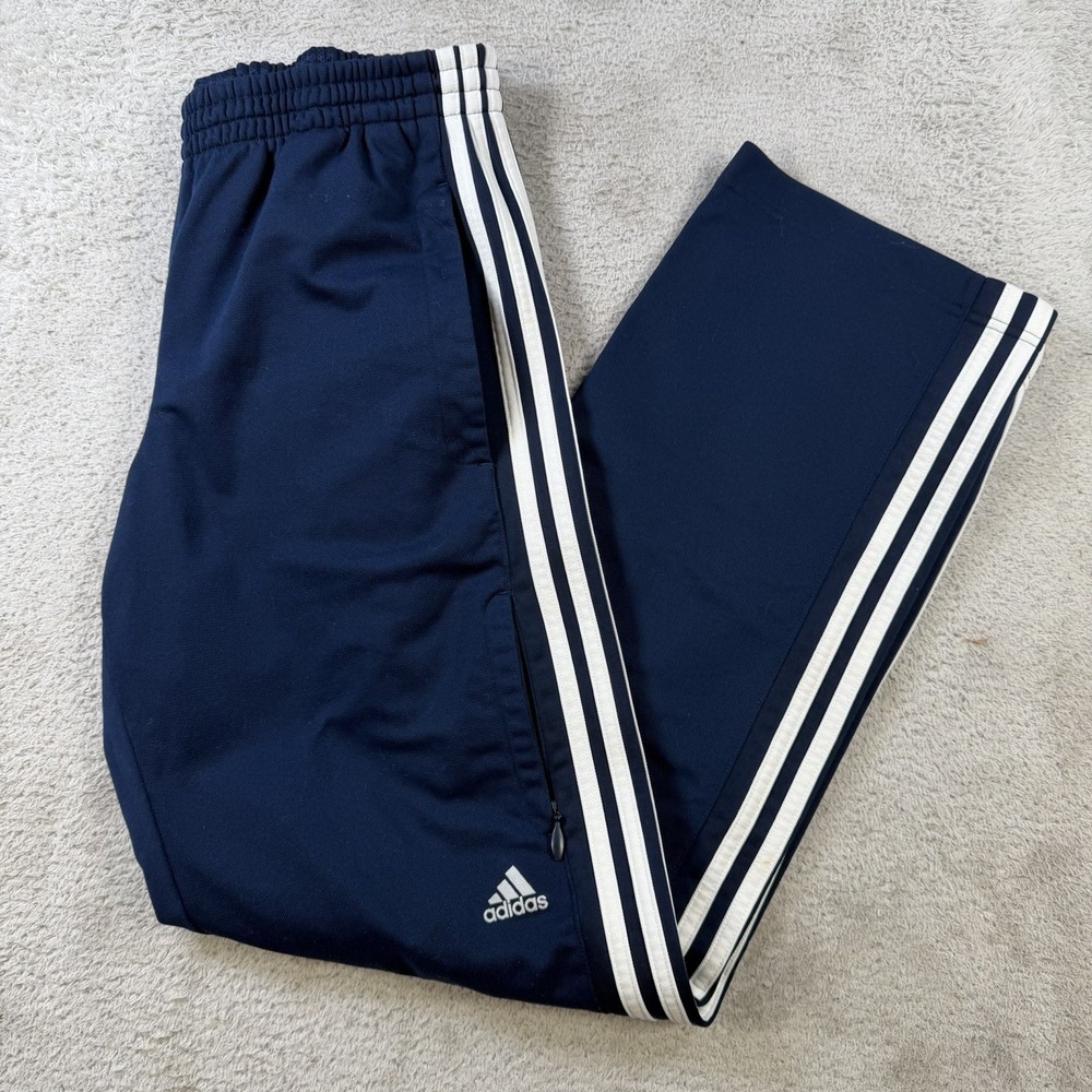 Adidas Track Pants Mens Medium Navy 3 Stripe Drawstring Gym Performance Active